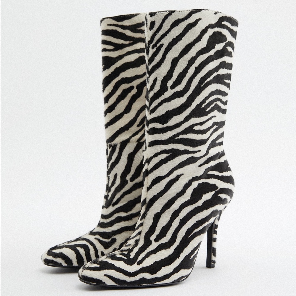 ZARA ANIMAL PRINT HEELED LEATHER ANKLE BOOTS